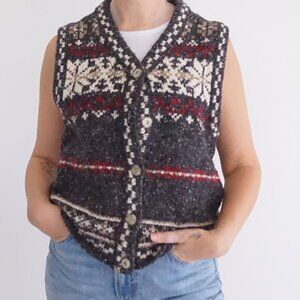 Vintage St John's Bay Grey Cream Knit Fair Isle Wool Cotton Blend Sweater Vest L